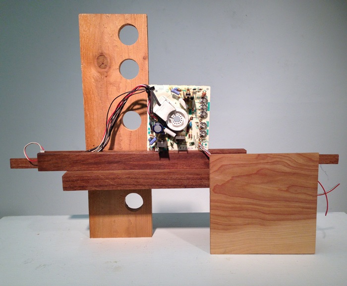 'TRAVELING ELECTRONS' </br> Wood-Electronic Board   21 w x 16 h x 5 d </br> $225.00